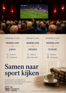 Samen naar voetbal kijken op groot scherm.