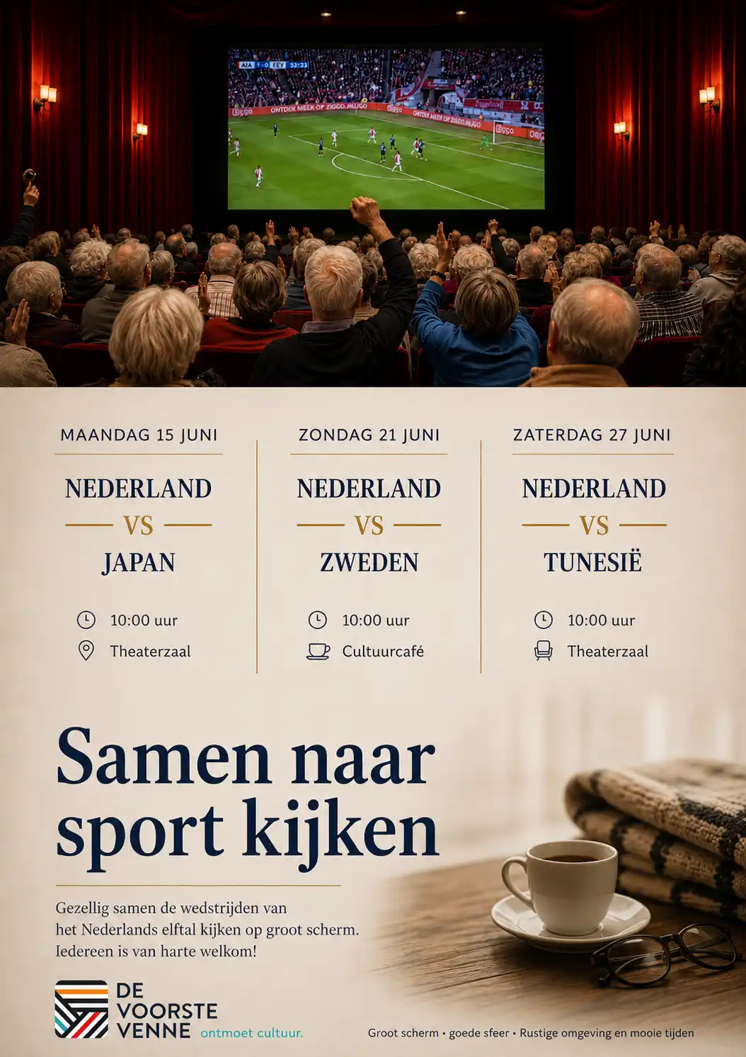 Samen naar voetbal kijken op groot scherm.